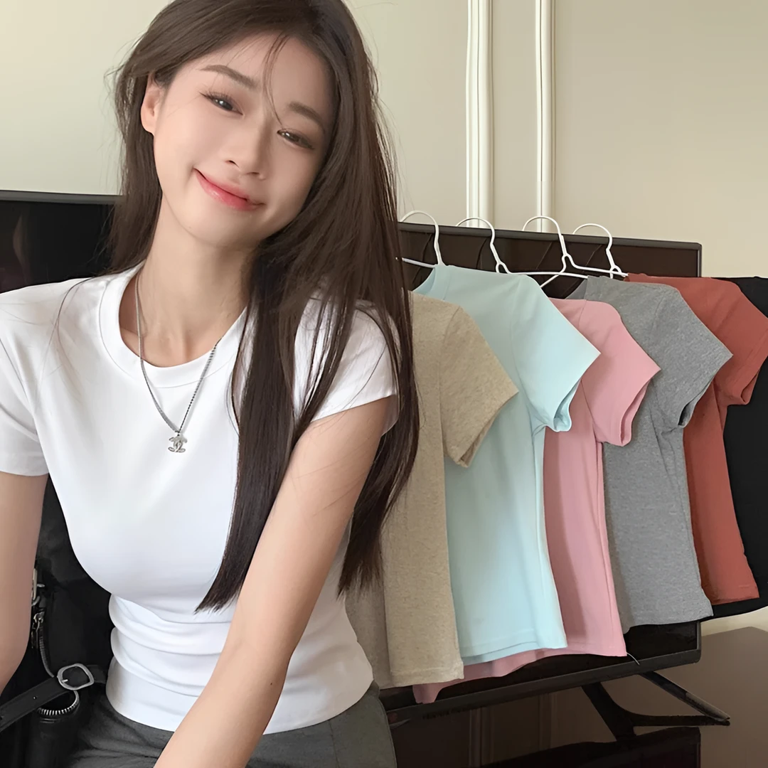 白色t恤女短袖夏季2024新款修身打底衫内搭纯色显瘦圆领上衣小衫