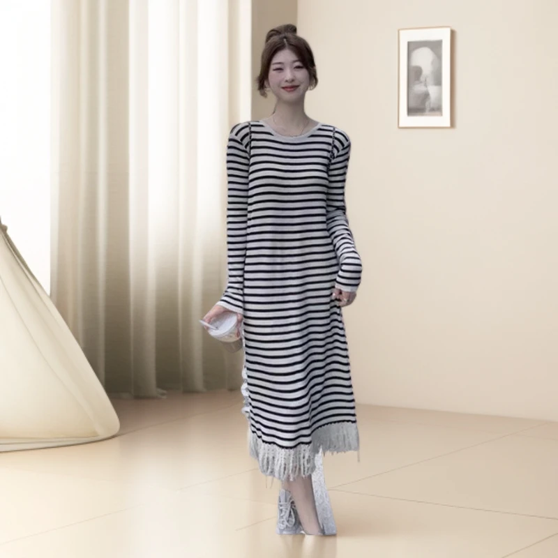 宽松秋季时尚流苏气质条纹连衣裙中长款针织长袖套头中长裙夏季