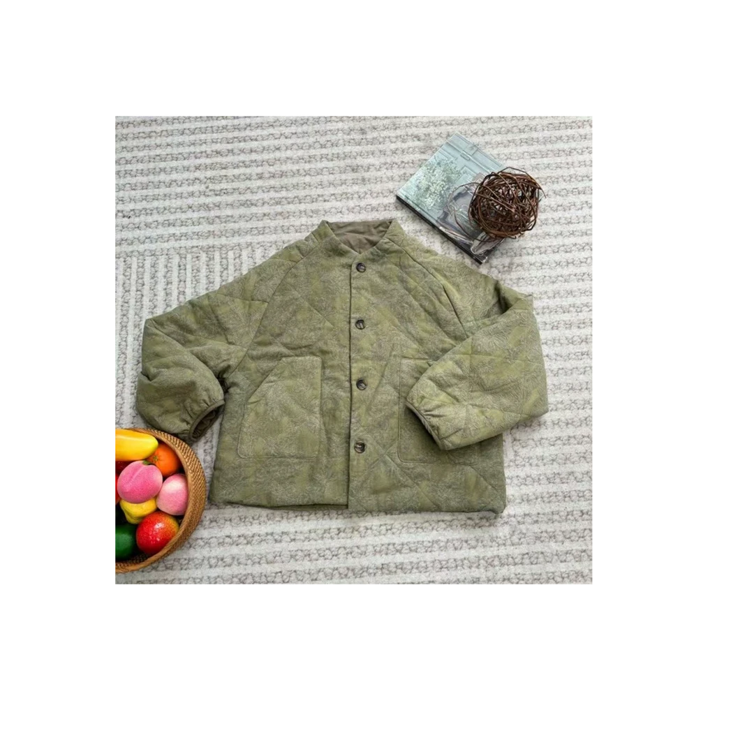 三哈宫-《汉麻棉服》原单汉麻提花小立领大扣短款棉服冬季休闲女款