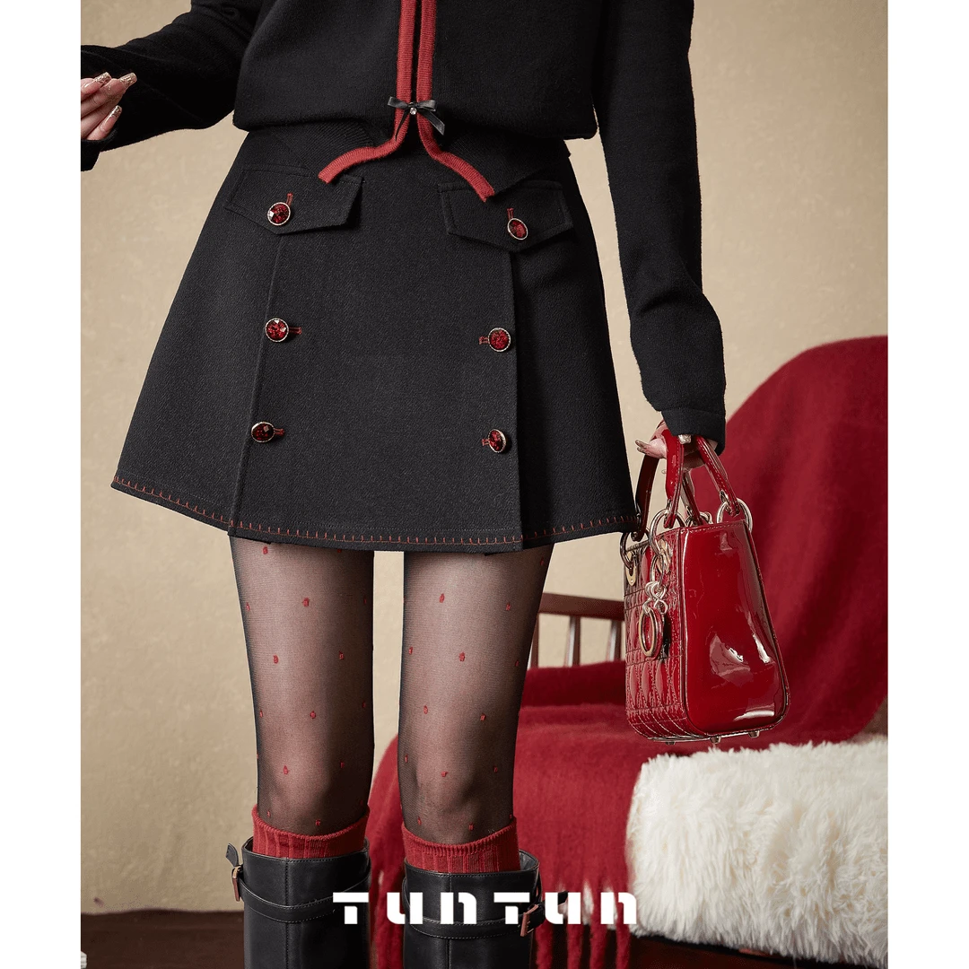 春秋【宝石裙】气质女神 撞色双排扣后腰松紧短裙短款高腰显瘦学院