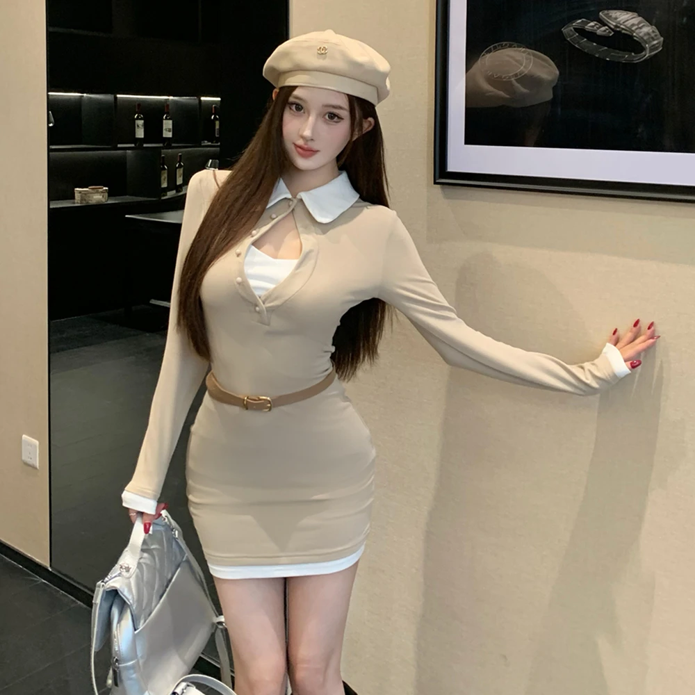 秋季新款法式复古纯欲辣妹假两件针织包臀裙气质修身内搭连衣裙女