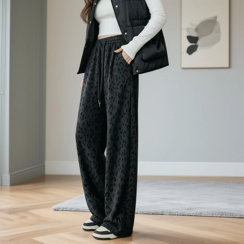 豹纹厚款冬季阔腿裤高腰休闲裤直筒裤长裤宽松卫裤