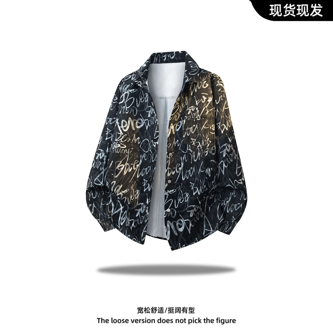 新款印花学生衬衫外套男日常舒适大码休闲衬衣时髦宽松情侣上衣