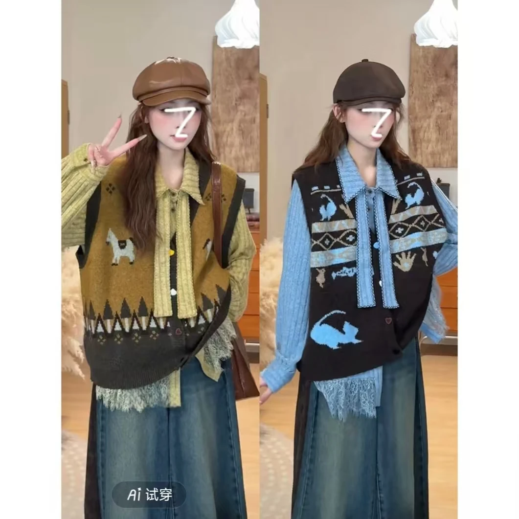 卡通图案刺绣针织马甲背心女秋冬洋气减龄巨好看显瘦叠穿外搭上衣