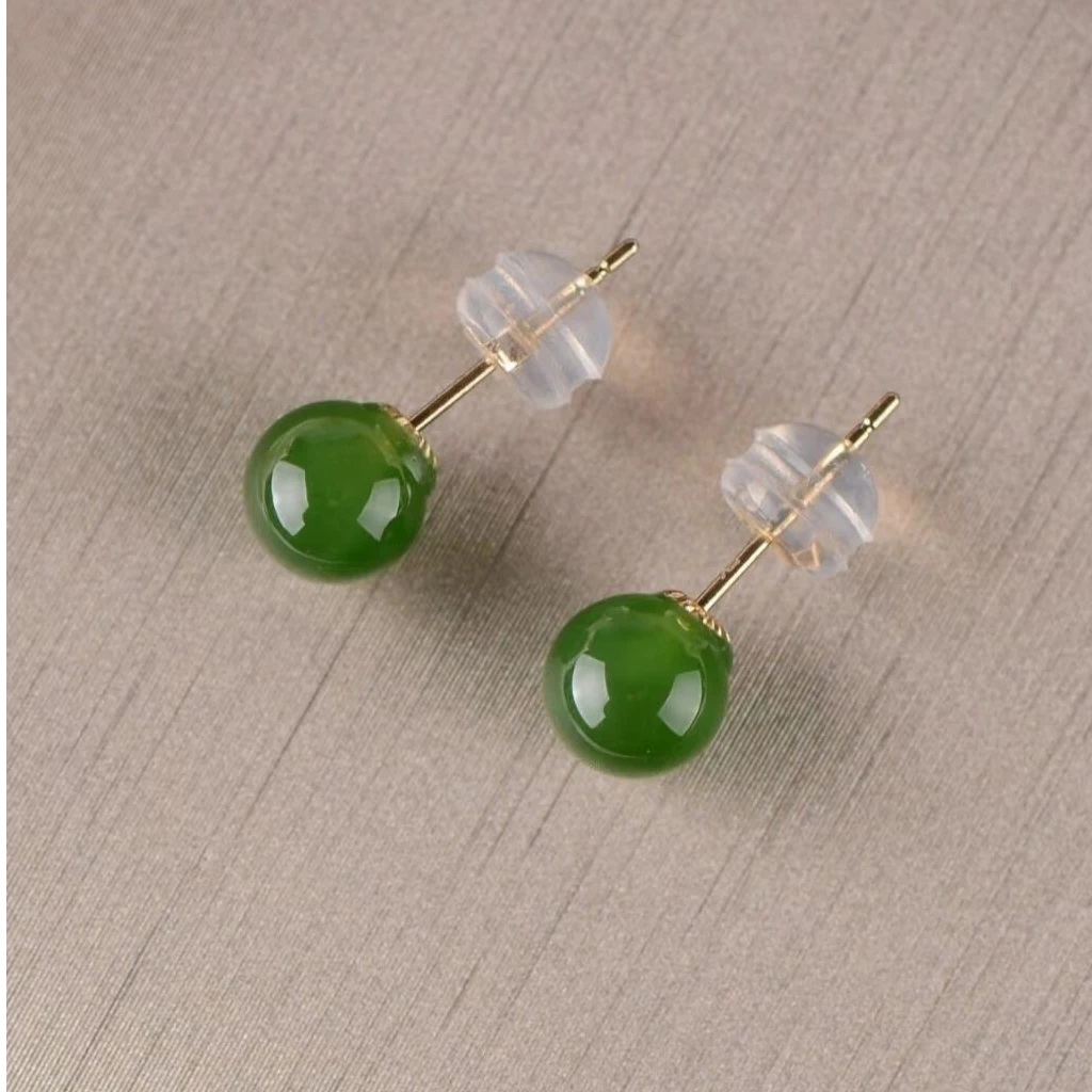 【素玉珠宝】S925银镶碧玉圆珠7.5-8mm耳钉无黑银针银镀金针随机发