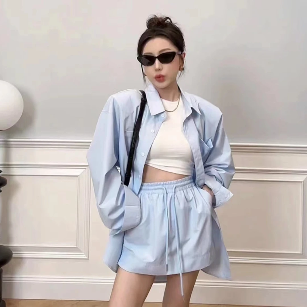 2024大码胖mm女装衬衫套装短裙长袖时尚休闲百搭宽松气质高腰夏季