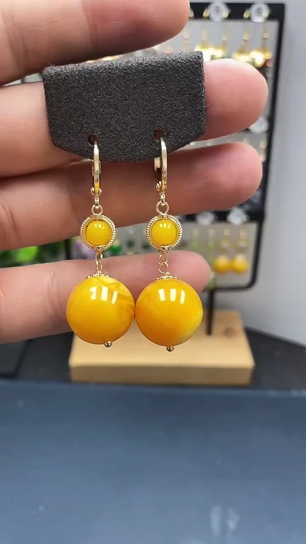 银S925镀金镶嵌蜜蜡耳饰尺寸16mm耳扣D1