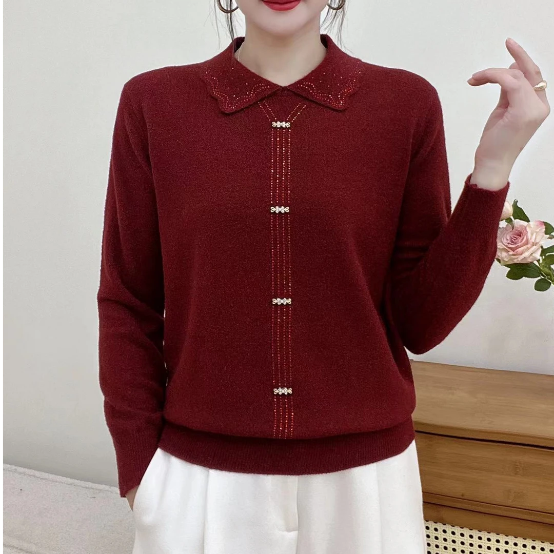翻领毛衣气质档次中老年妈妈装宽松型减龄时尚百搭高级上衣332