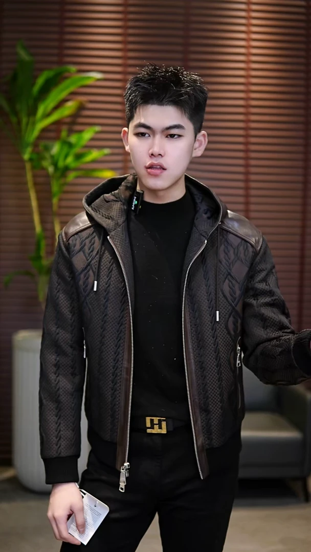 48码（100-125斤）男士真皮拼接鹅绒服3607（咖色）