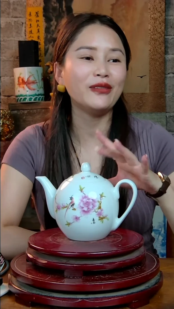摆件景德镇陶瓷水点桃花大茶壶