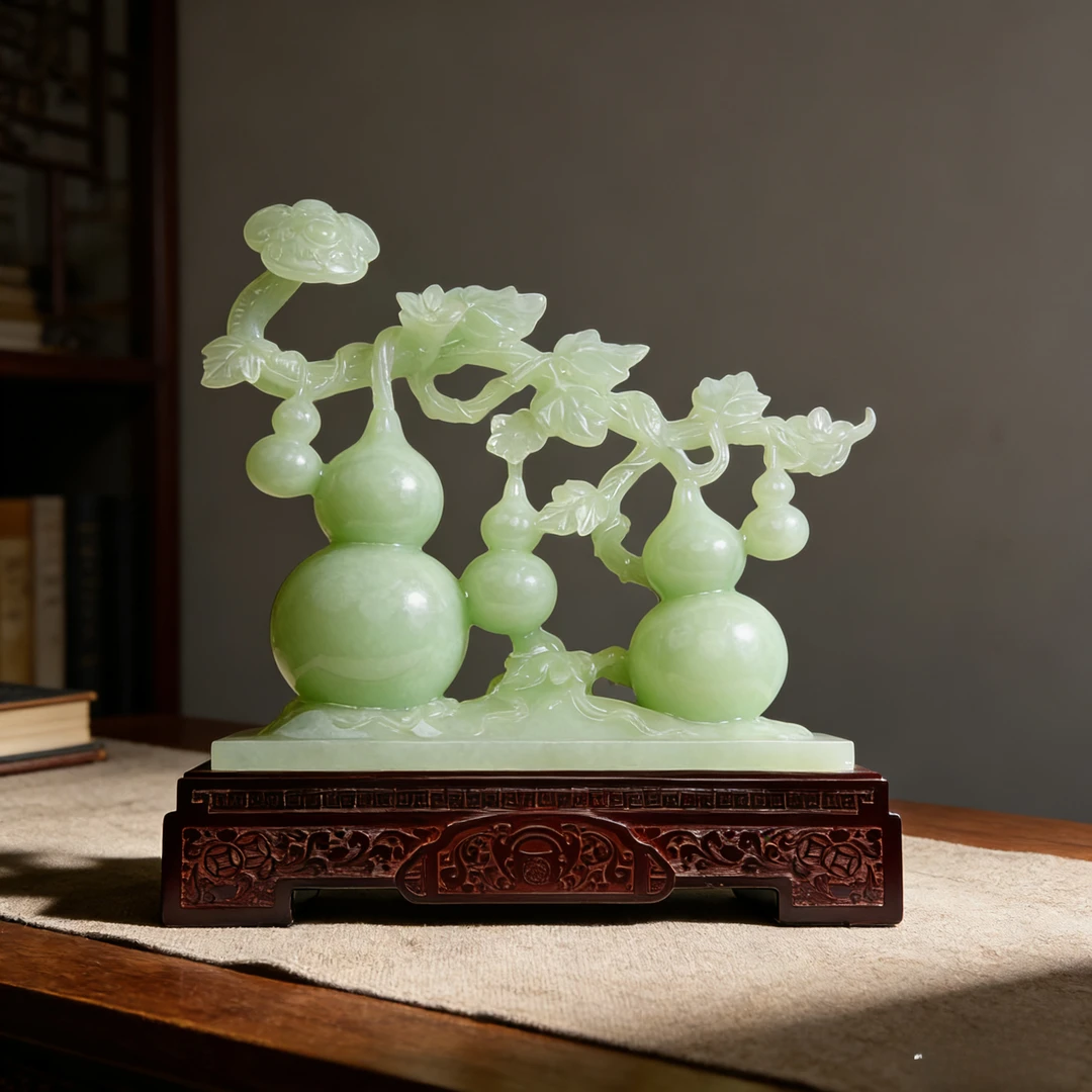 （五福临门）YC青白玉色葫芦送礼高档客厅装饰摆件YC 约长23*高25CM