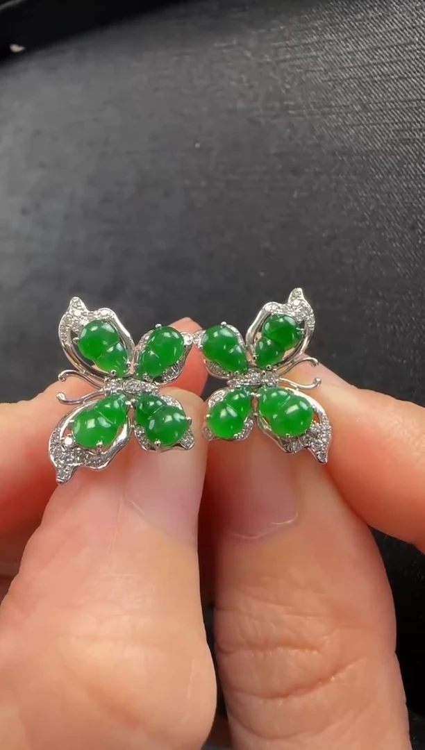 翡翠18K金镶嵌耳饰641蝴蝶一对