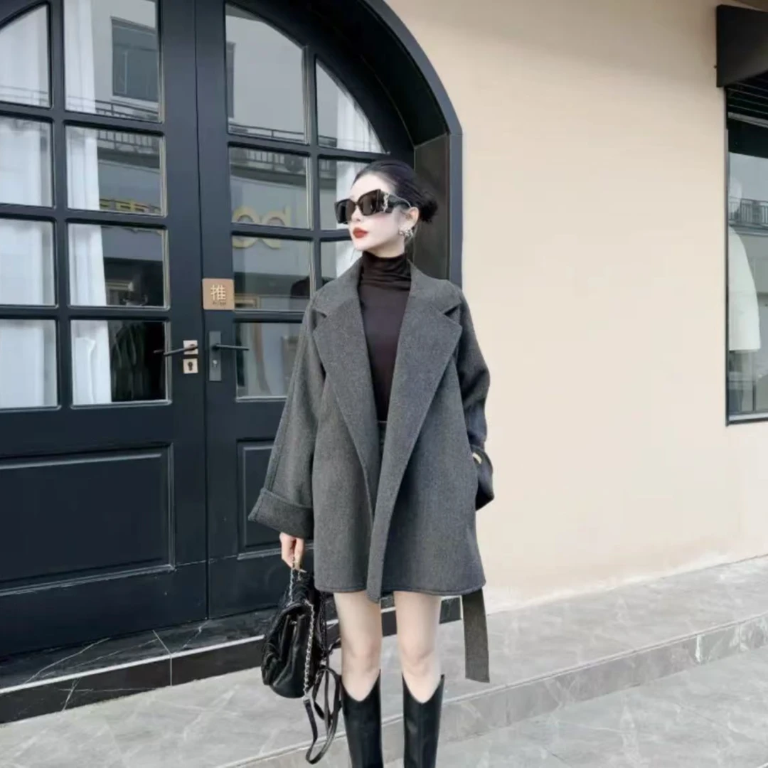 【送围巾毛刷】新款双面绒大衣女小个子短款韩版西装领毛呢外套显瘦