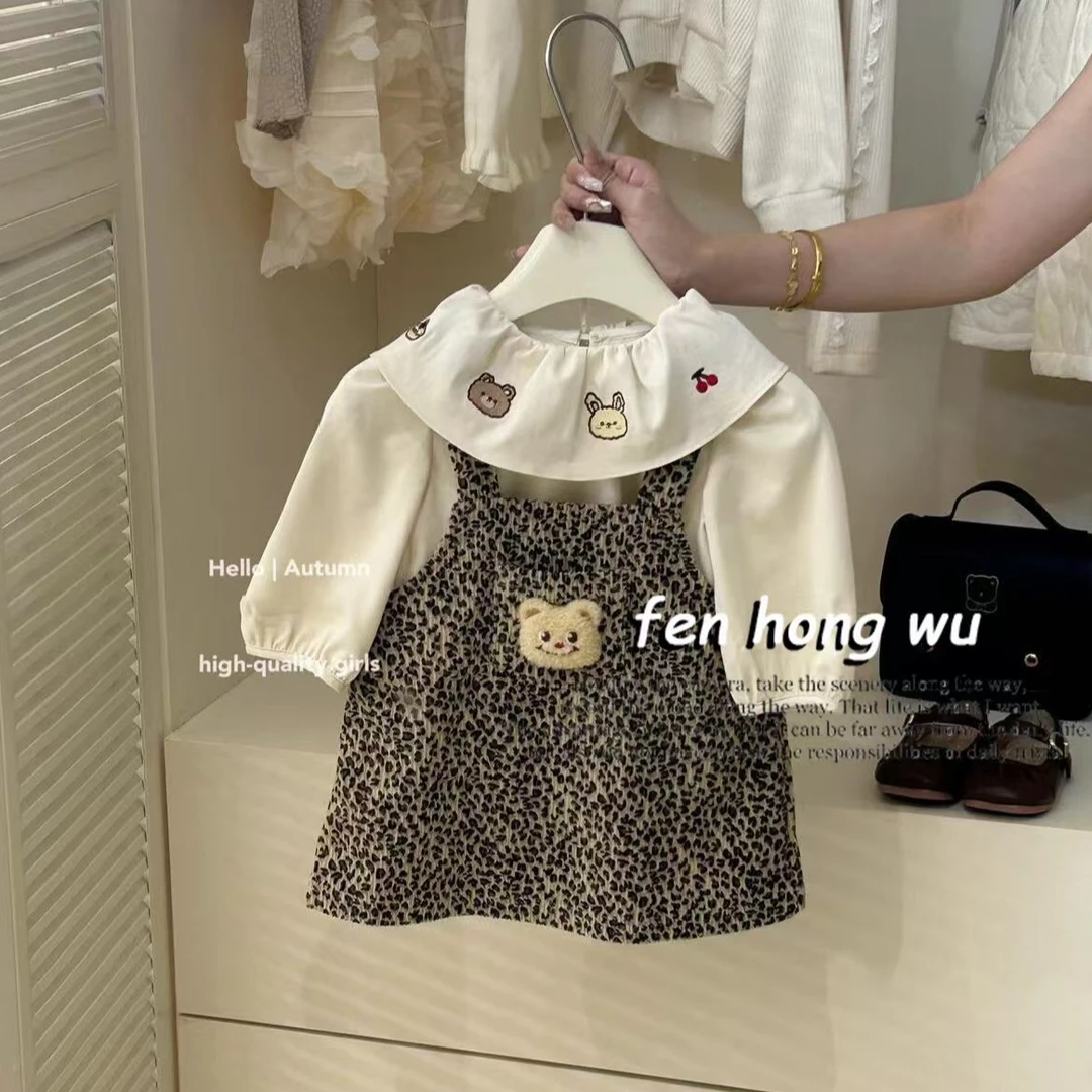 【现货】2025女童可爱春秋季豹纹套装宝宝长袖上衣洋气背心裙子
