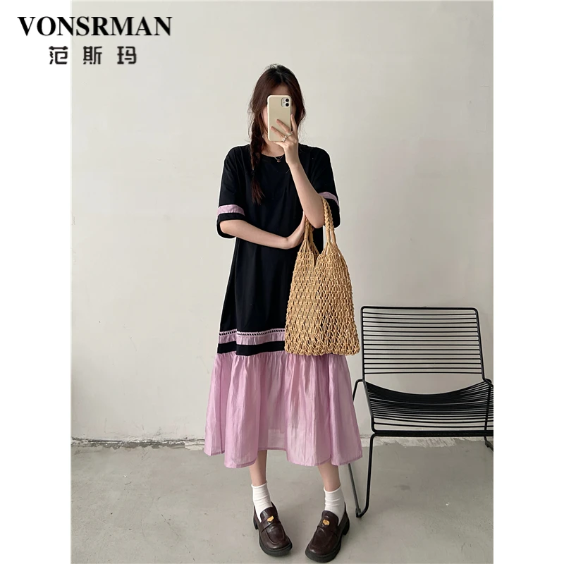 韩版撞色简约T恤长裙女夏季新款宽松显瘦设计感拼接短袖连衣裙子