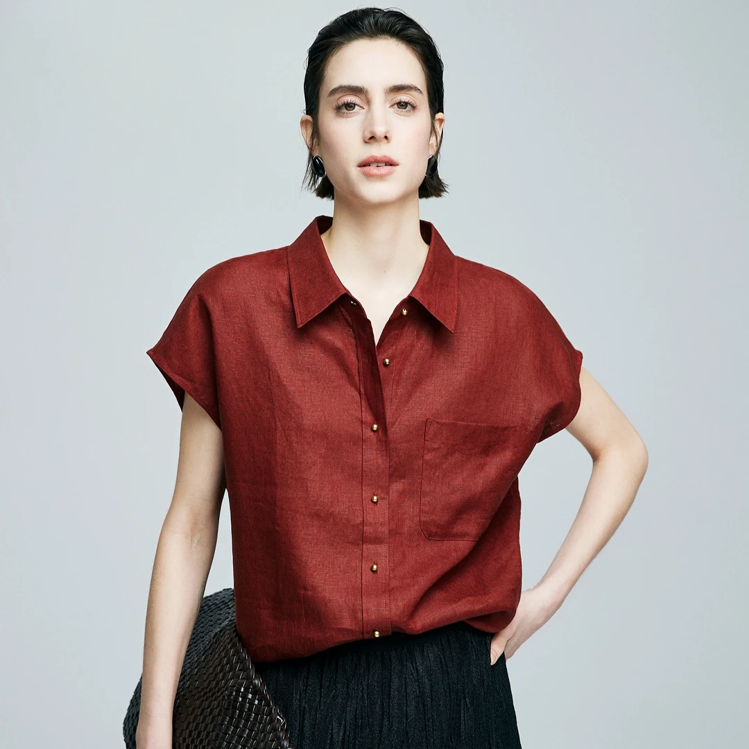 初棉 【盐盐专属】无袖口袋显瘦夏季小金扣宽松版亚麻衬衫363604012