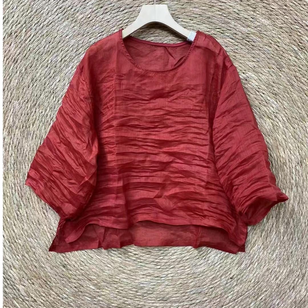 春夏女装新款百分百纯苎麻100织国风纯色简约七分圆领套头衫上衣