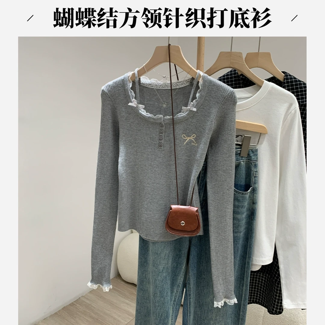 灰色蝴蝶结蕾丝花边方领露锁骨针织衫女春秋新款纯欲修身内搭上衣