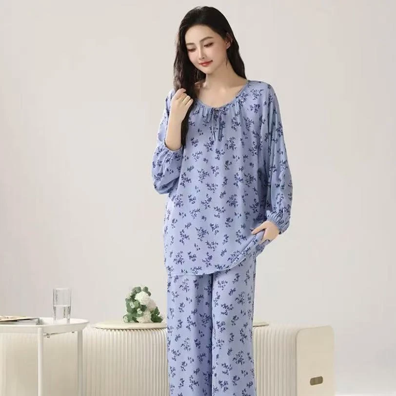 春装新款长袖长裤睡衣棉绸家居服套装宽松大码印花两件套薄款春夏