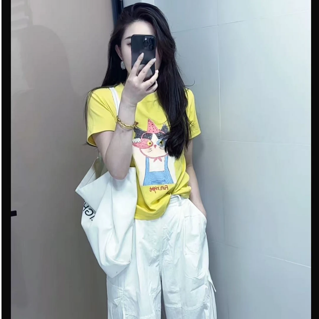 【YANZIJIA】韩系圆领百搭可爱猫猫短袖T恤（以直播间实物为准）