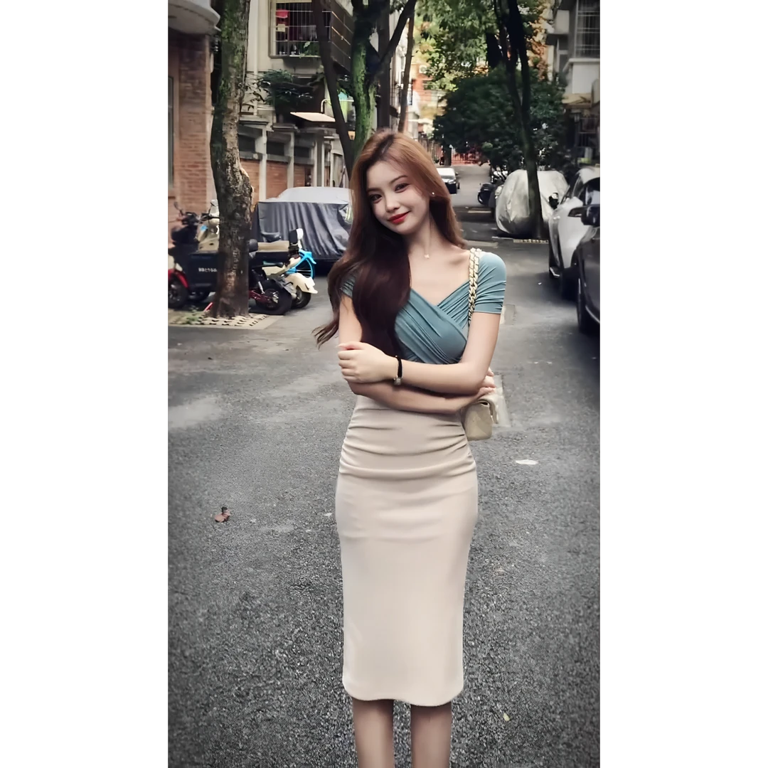 MARIE.COCO韩系性感纯欲V领薄荷绿交叉上衣轻熟风包臀半身裙套装