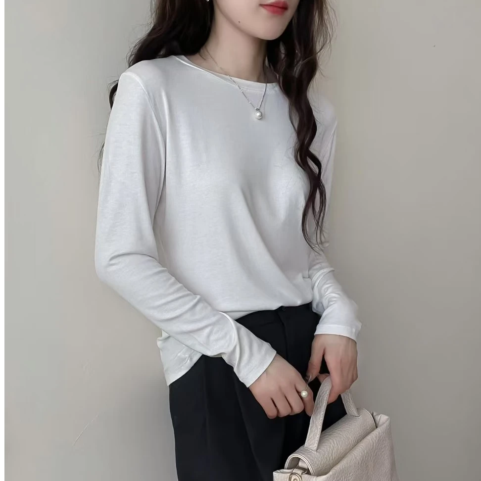 打底上衣圆领长袖t恤白色黑色休闲女士宽松纯色7377