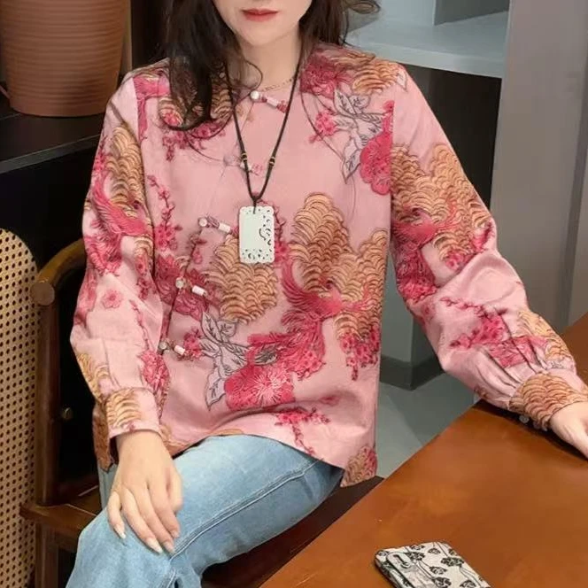 QNH-真丝斜襟新中式国风重工凤穿牡丹显瘦时尚新年小衫上衣