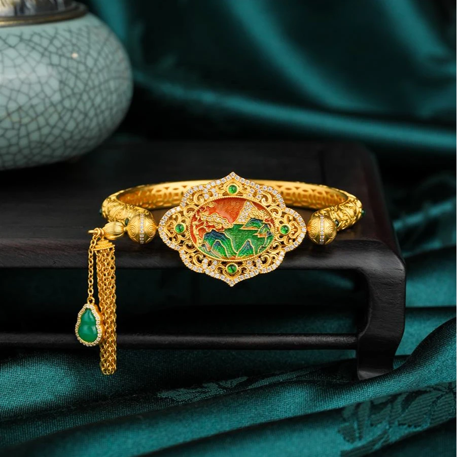 ZOCAI/佐卡伊古法黄金足金999千里江山流苏一款三戴国潮足金手镯