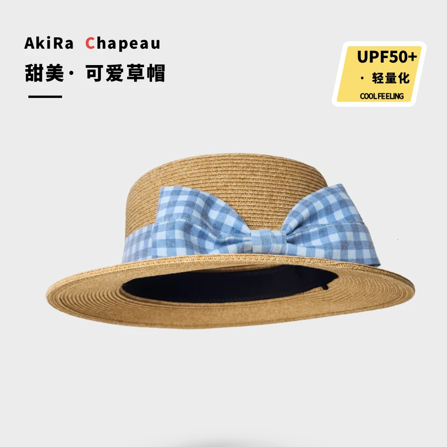 日系草编太阳帽蝴蝶结文艺赫本风草帽夏季海边度假防晒平顶礼帽