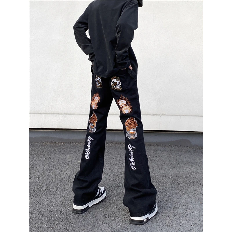 美式高街复古刺绣黑色hiphop牛仔裤男宽松微喇叭潮牌痞帅vibe裤子