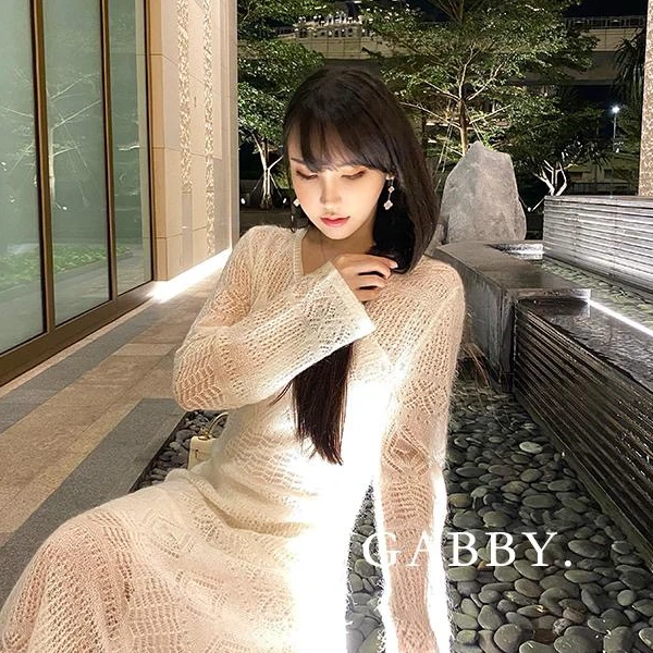 【大促秒杀款】GABBY手工钩花毛衣气质连衣裙显廋法式长裙A1399