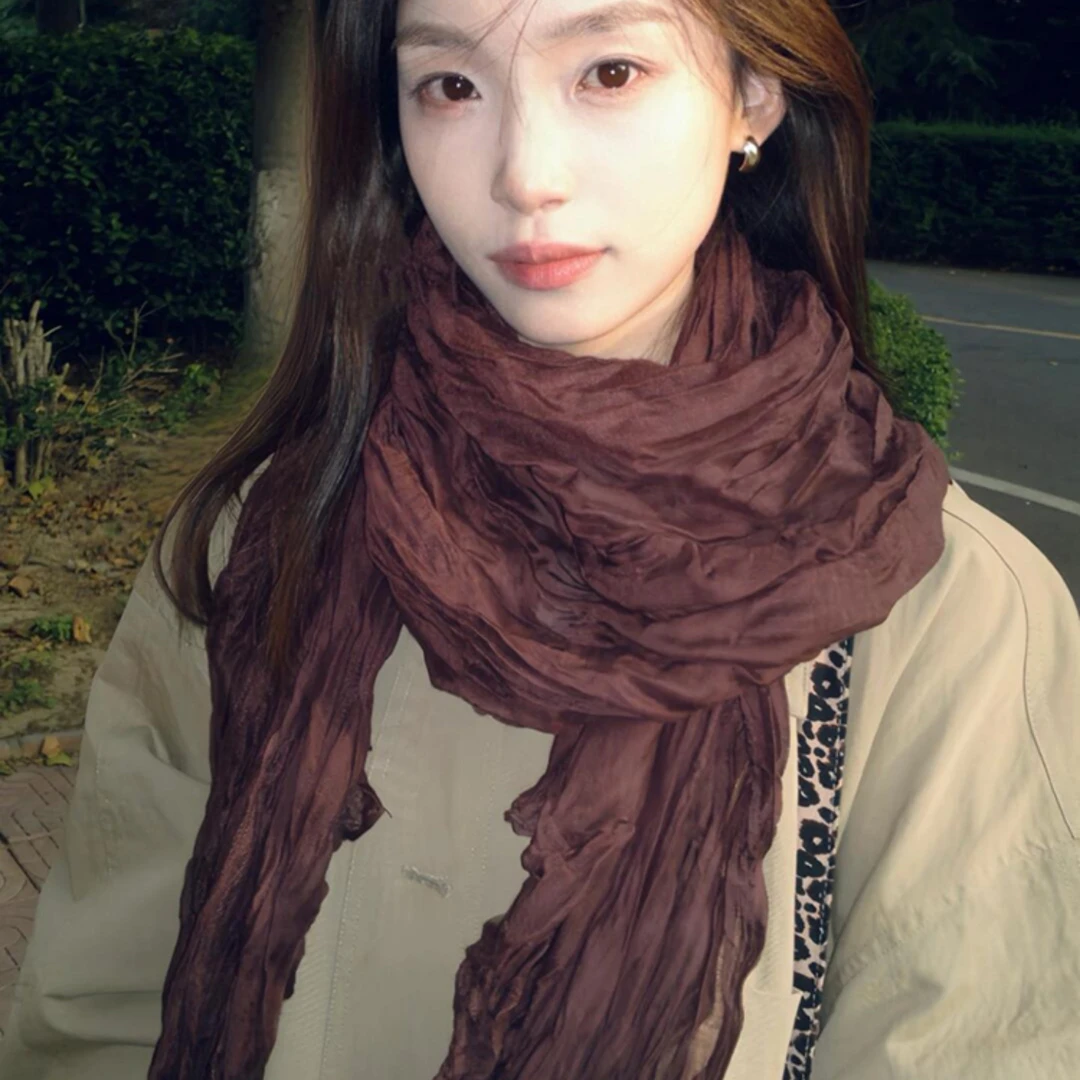 咖色棉麻围巾女士新款美拉德废土风穿搭丝巾复古纱巾潮流韩版披肩