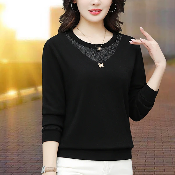 长袖镶钻百搭黑色显瘦莫代尔T恤修身春秋韩版薄款
