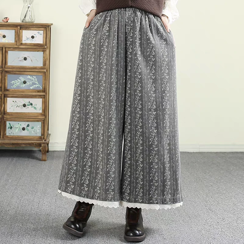 【棉麻复古蕾丝花边阔腿裤】2689