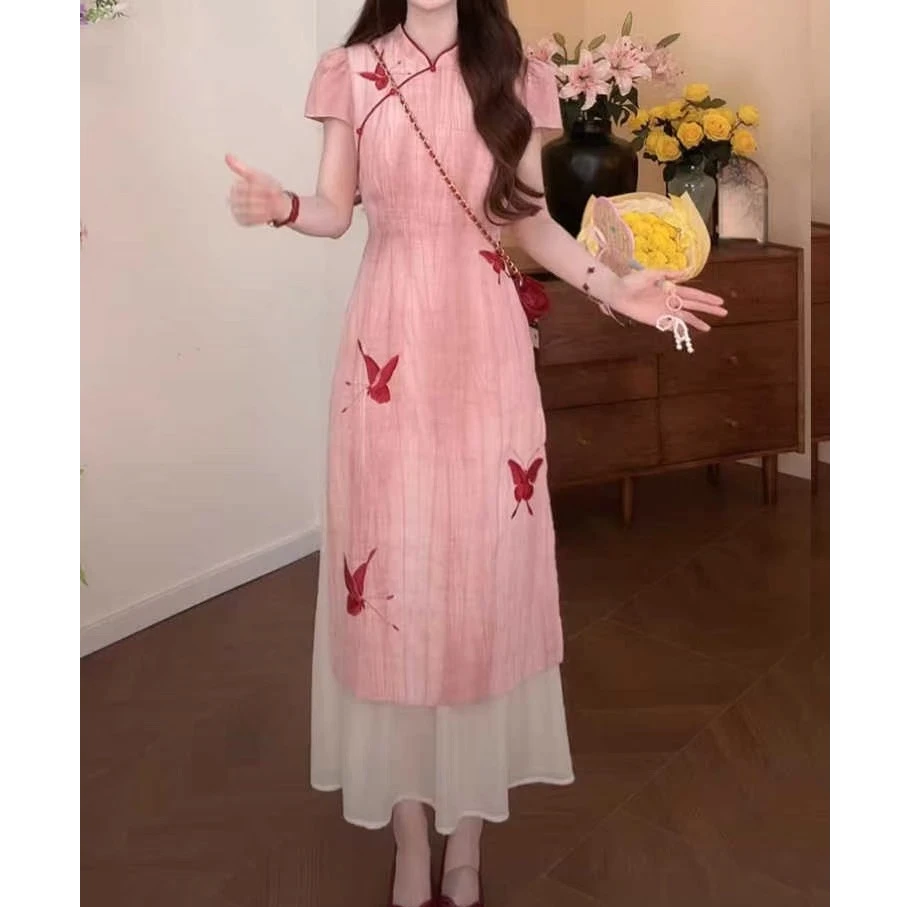 【C139】新中式2025夏粉色温柔风刺绣蝴蝶改良版旗袍裙