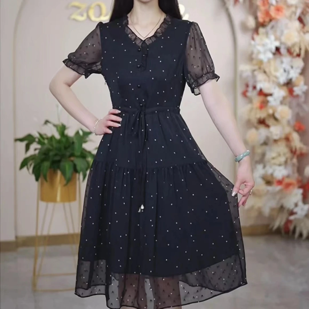 CXY 2025夏季新款黑色洋气波点高贵显瘦收腰中长款连衣裙M-4XL