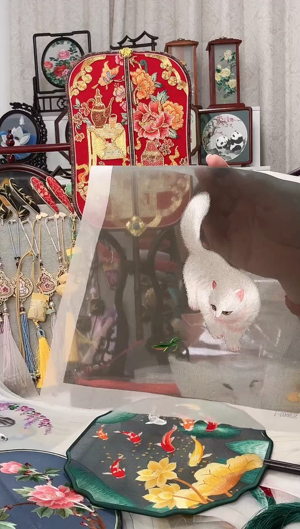 扇子苏绣作品手工双面绣片