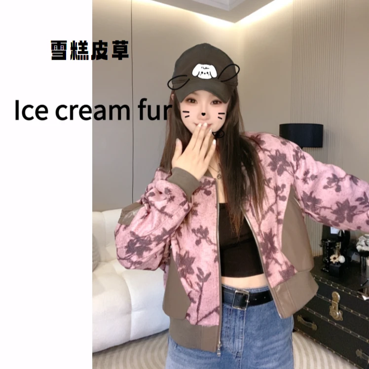 印花女装绵羊皮直筒型秋季粉色百搭春季皮衣春秋短款宽松款号2202
