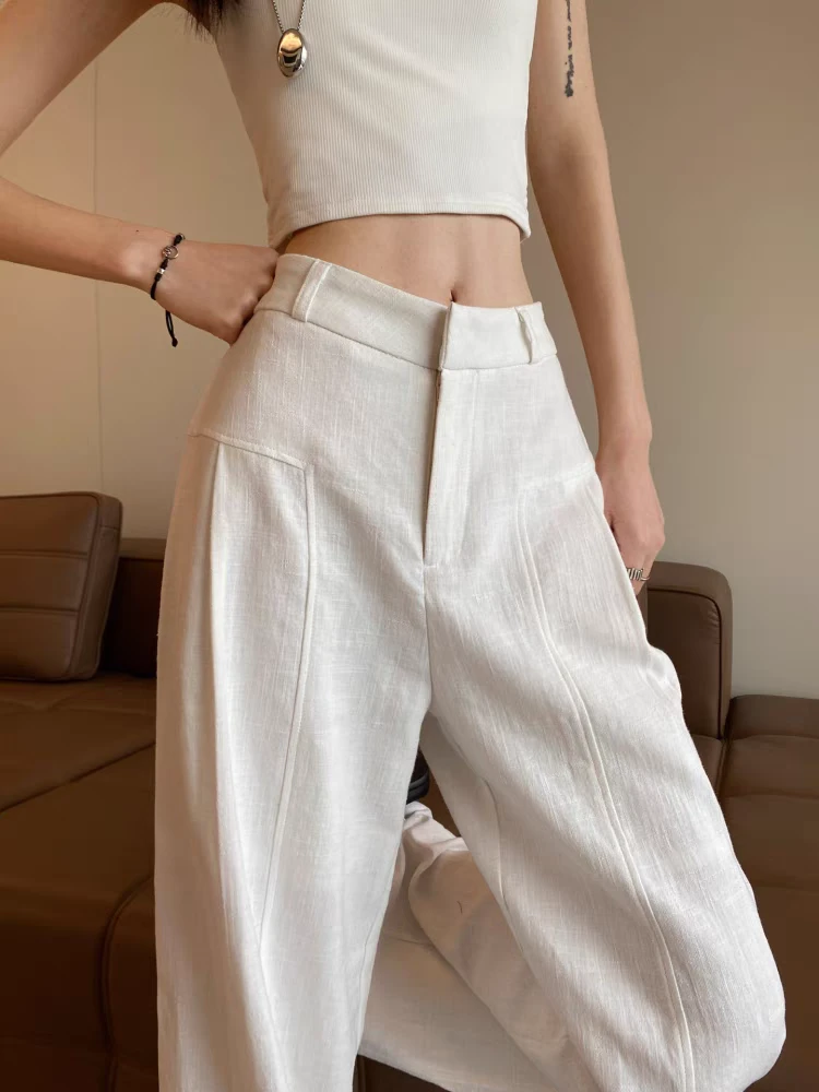 高个子超长白色棉麻2025春夏新薄款高腰垂感老钱风休闲拖地阔腿裤