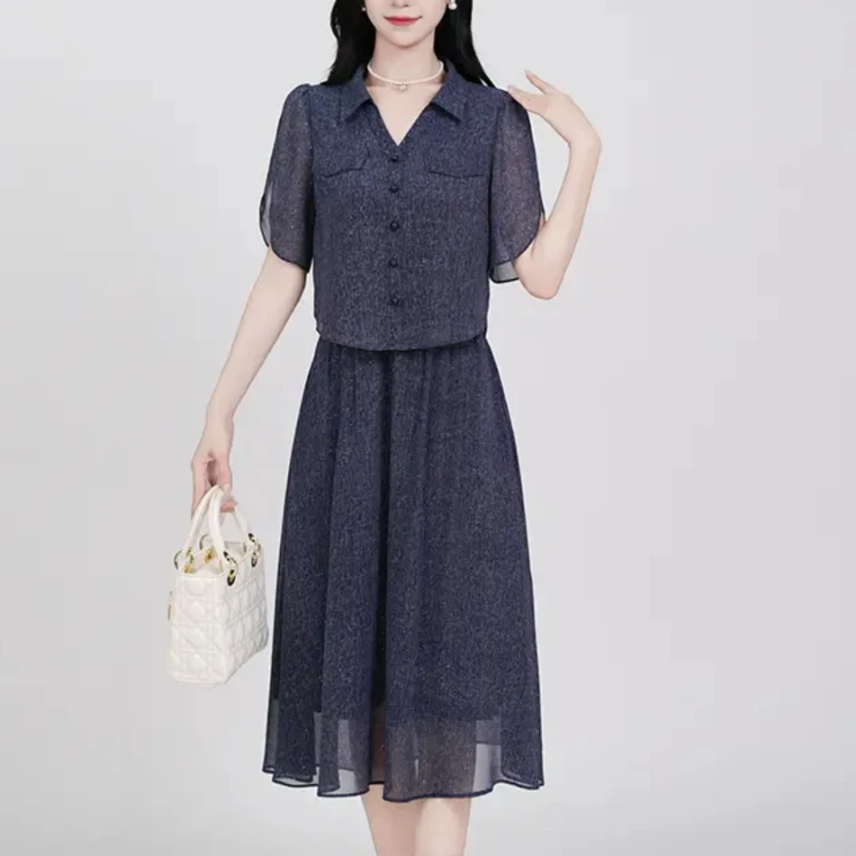 假两件时尚连衣裙女2025夏季新款修身显瘦气质百搭中长裙子5374#