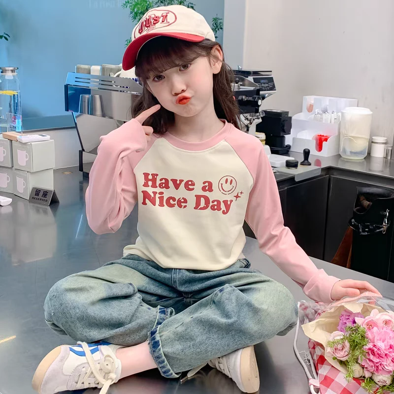 女童T恤春装2025新款儿童长袖打底衫女孩春秋百搭字母韩版上衣