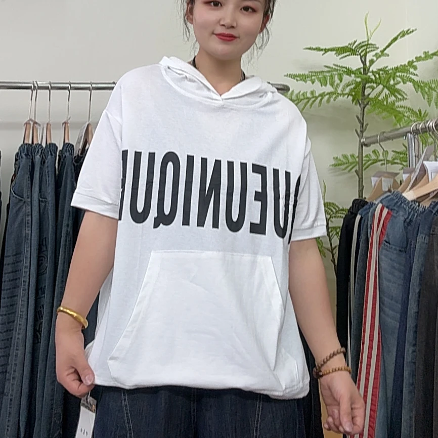 套头连帽薄款韩版拼接字母印花夏季卫衣百搭短袖上衣