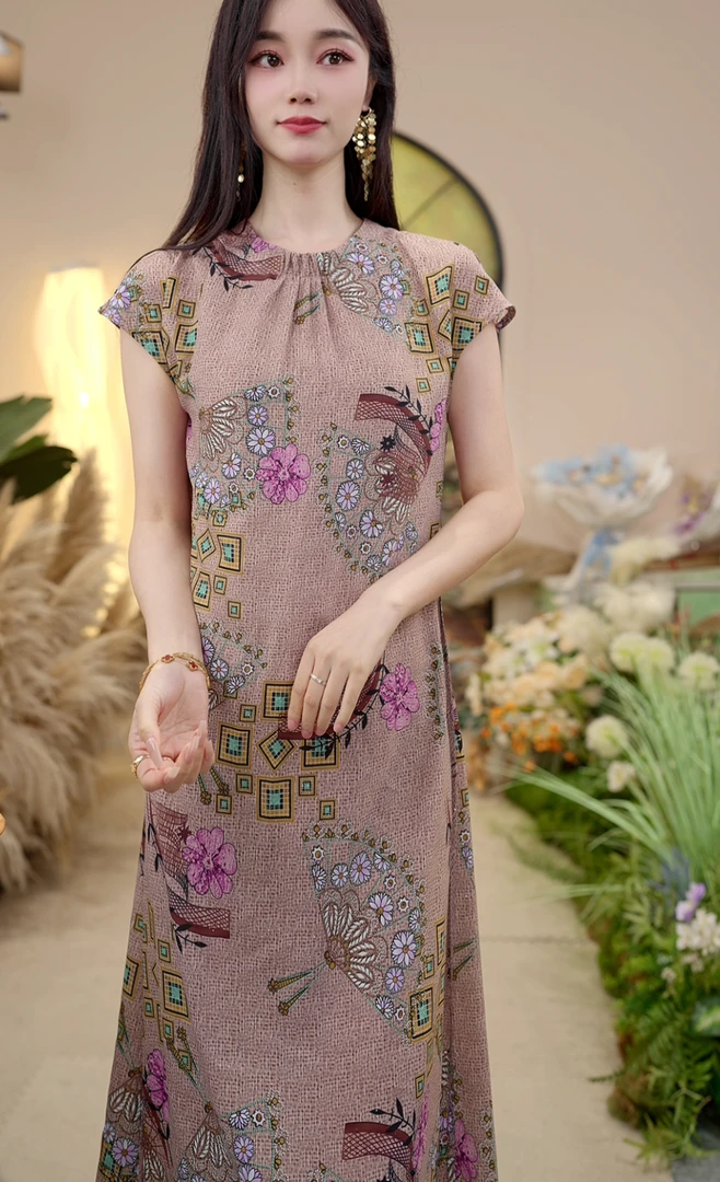 AX-新款女神高贵扇子花洒银优雅气质裙宽松显瘦连衣裙