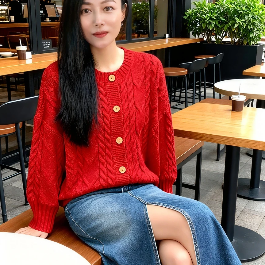 【ASKYO】380针织外套秋冬麻花毛衣外套宽松针织衫