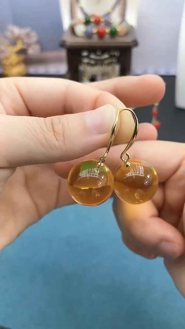 银S925镶嵌金珀耳饰20mm金珀耳钩