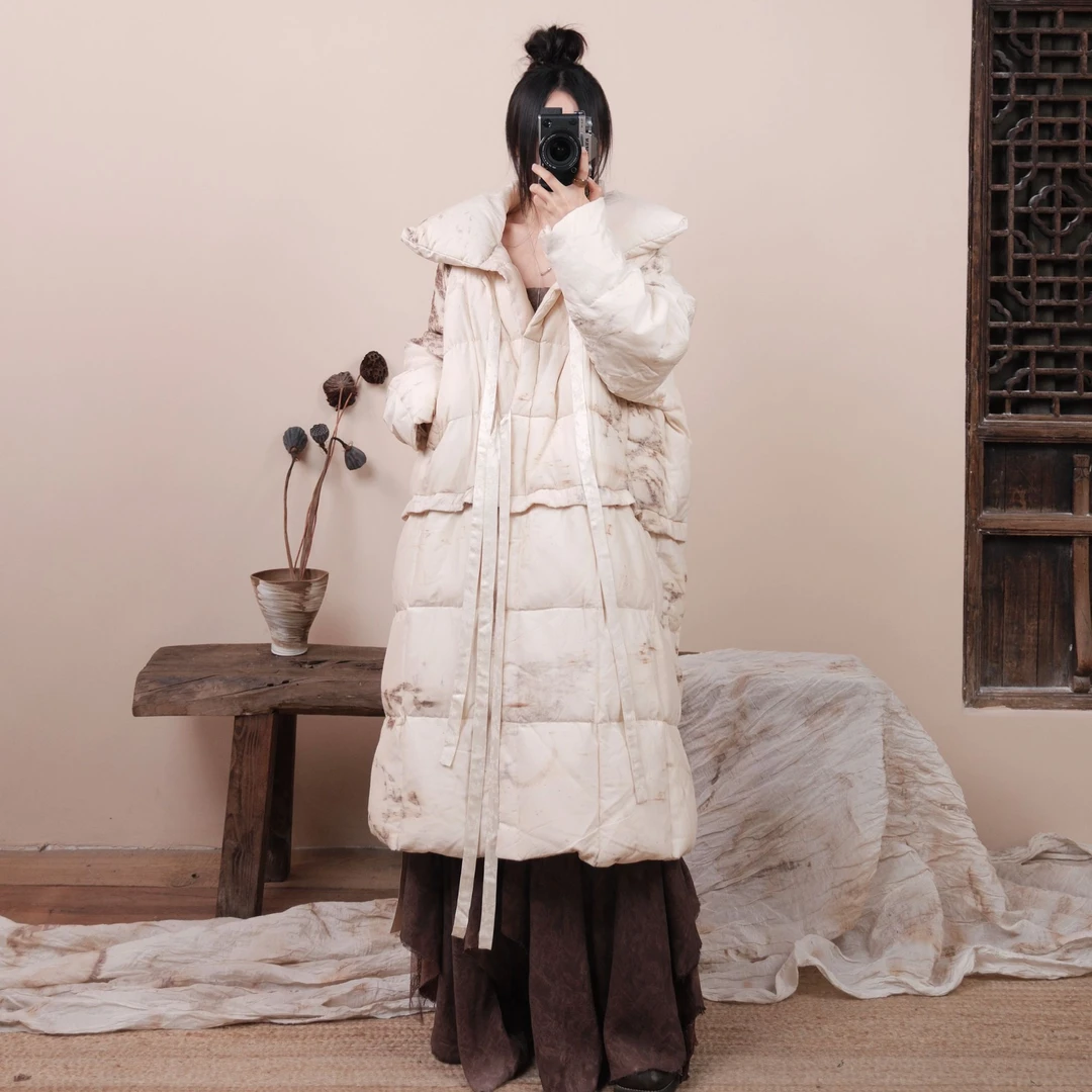 弥挲YT562730草木染侘寂水墨晕染鹅绒服气质休闲立领设计师时尚