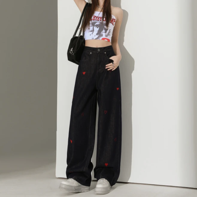 深蓝色爱心刺绣阔腿牛仔裤女2025秋冬季设计感休闲显瘦直筒弯刀裤