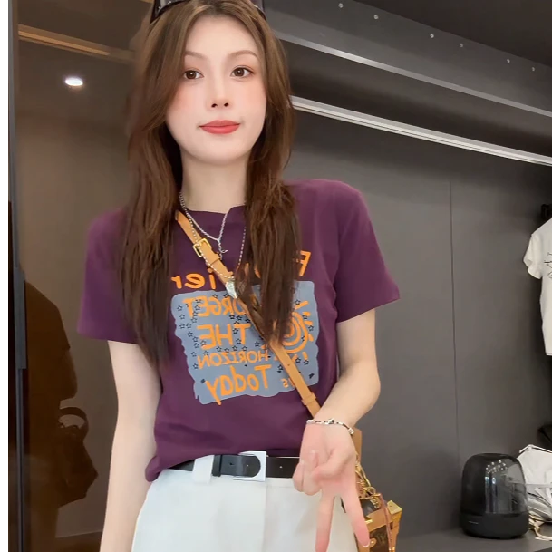 女士短袖t恤衣服女2025新款显瘦纯棉宽松小个子时尚印花修身上衣