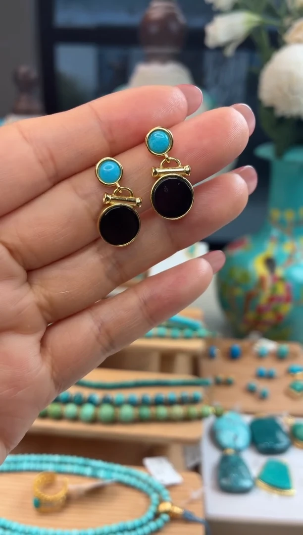 银S925镀金镶嵌绿松石耳饰1