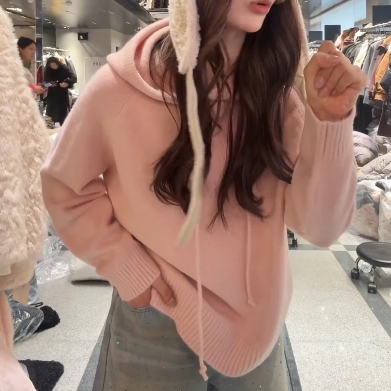 【糖果毛衣】秋冬宽松抽绳连帽软绵针织衫毛皮衣女LK2509111